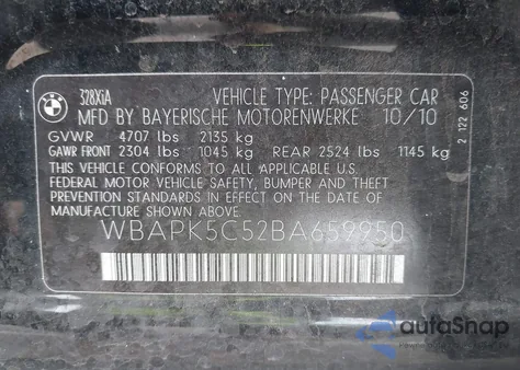 2011 BMW 328I xDrive из США, поврежденный, VIN WBAPK5C52BA659950